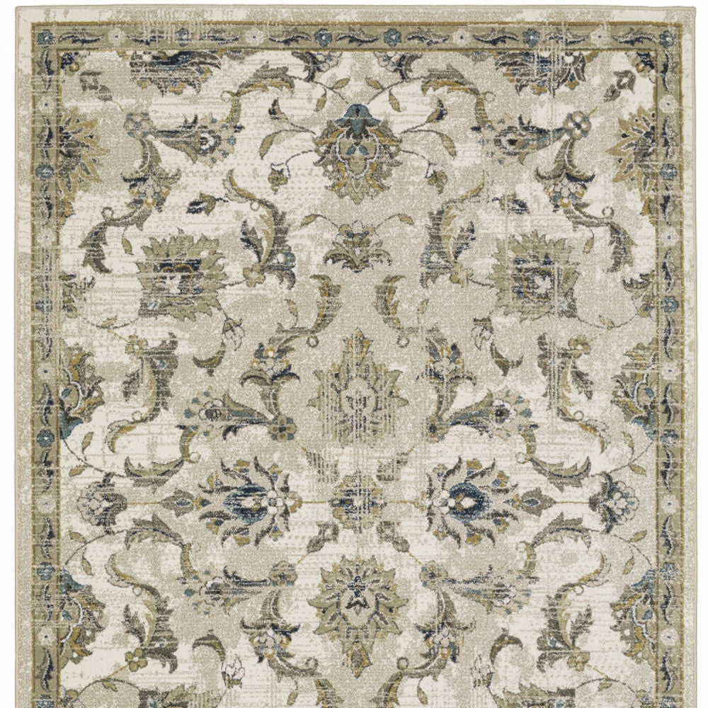 5' X 7' Beige Gold Blue And Grey Oriental Power Loom Stain Resistant Area Rug