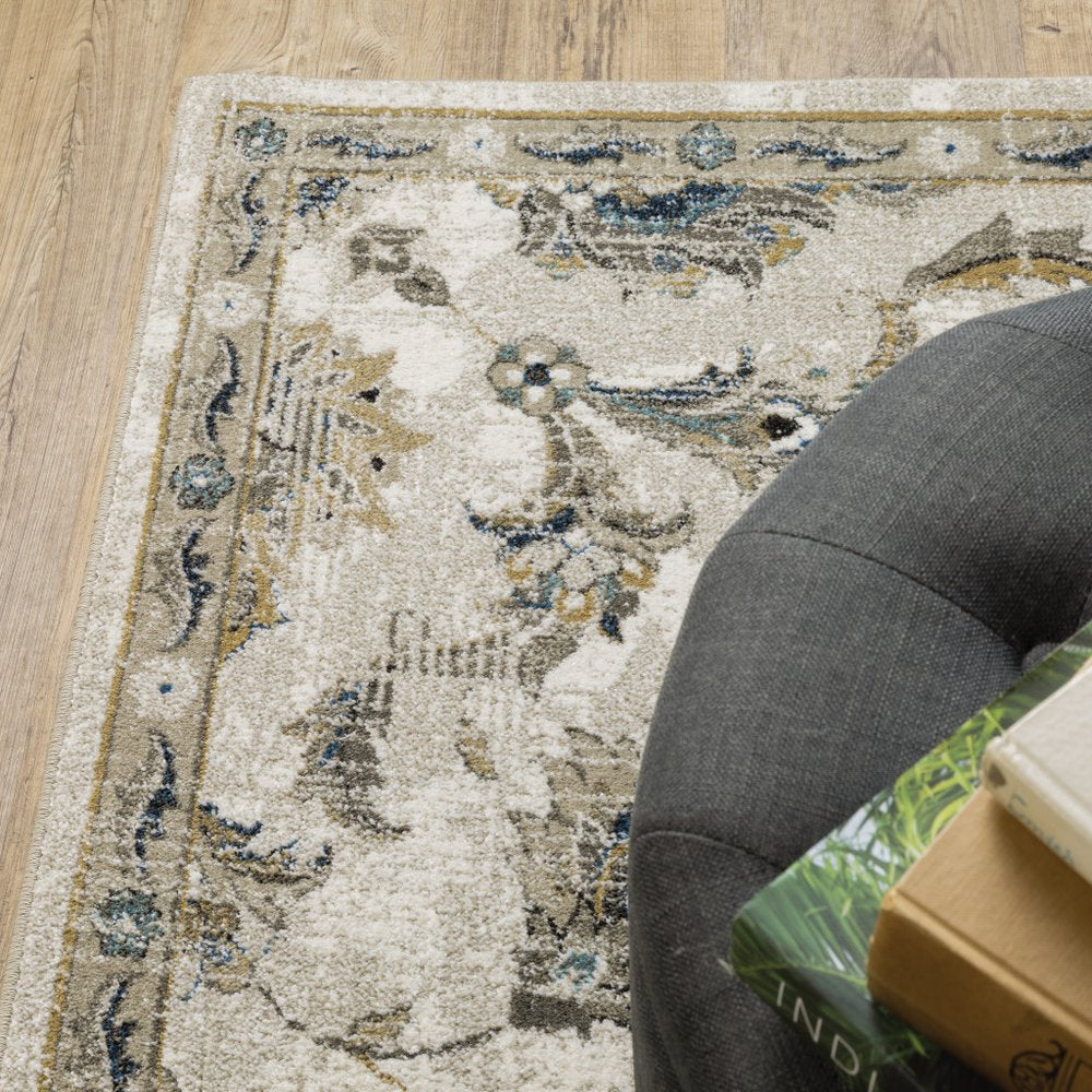 7' X 9' Beige And Gold Oriental Distressed Area Rug