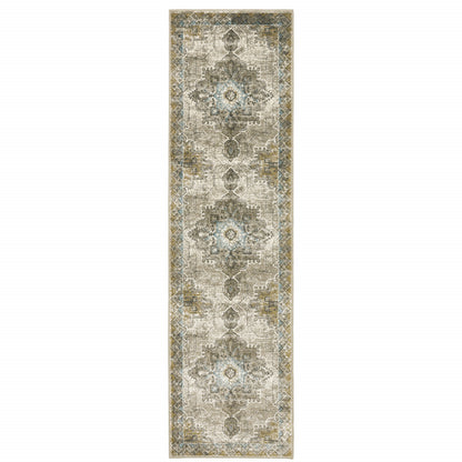 2' X 8' Grey Blue Beige And Gold Oriental Power Loom Stain Resistant Runner Rug