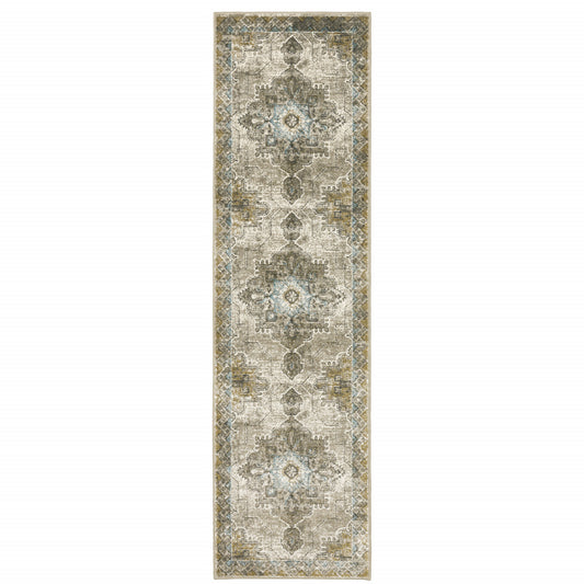 2' X 8' Grey Blue Beige And Gold Oriental Power Loom Stain Resistant Runner Rug