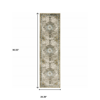 2' X 8' Grey Blue Beige And Gold Oriental Power Loom Stain Resistant Runner Rug