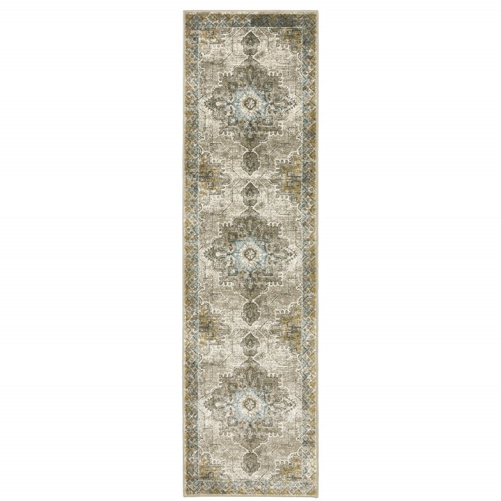 2' X 8' Grey Blue Beige And Gold Oriental Power Loom Stain Resistant Runner Rug