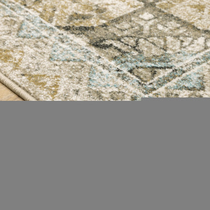 2' X 8' Grey Blue Beige And Gold Oriental Power Loom Stain Resistant Runner Rug