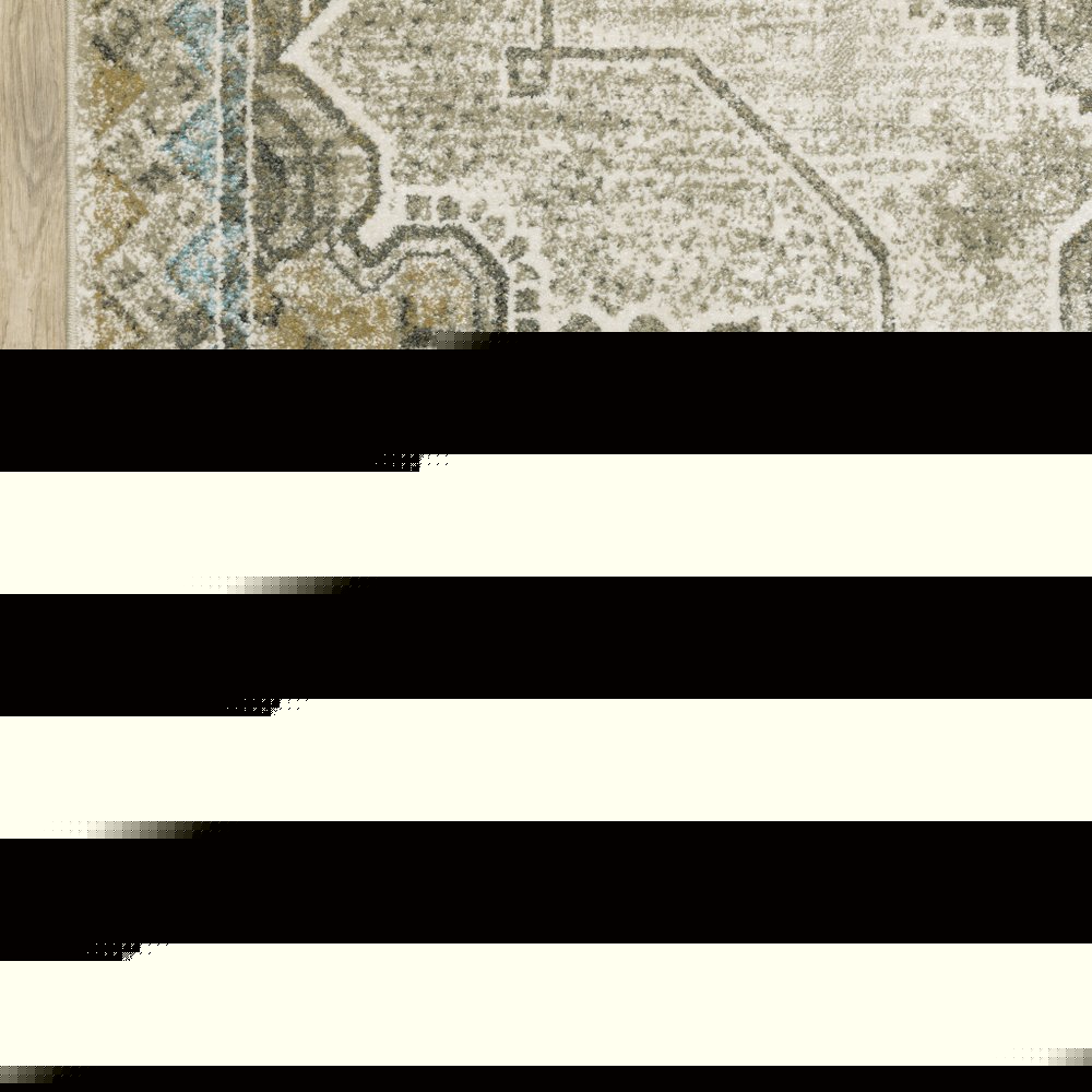 2' X 8' Grey Blue Beige And Gold Oriental Power Loom Stain Resistant Runner Rug