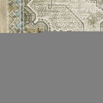 2' X 8' Grey Blue Beige And Gold Oriental Power Loom Stain Resistant Runner Rug