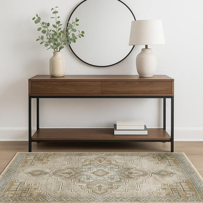 4' X 6' Grey Blue Beige And Gold Oriental Power Loom Stain Resistant Area Rug