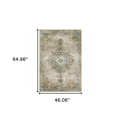 4' X 6' Grey Blue Beige And Gold Oriental Power Loom Stain Resistant Area Rug