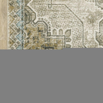 4' X 6' Grey Blue Beige And Gold Oriental Power Loom Stain Resistant Area Rug