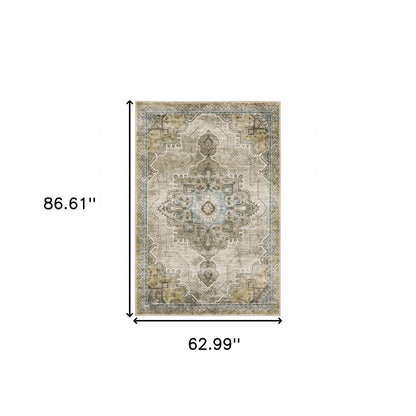 5' X 7' Grey Blue Beige And Gold Oriental Power Loom Stain Resistant Area Rug