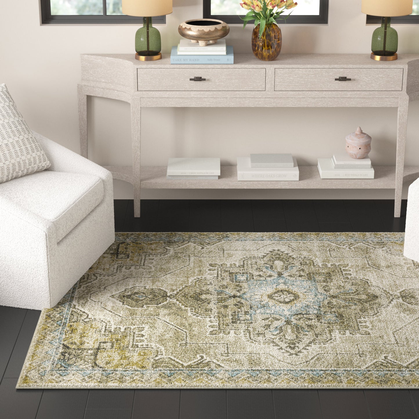 5' X 7' Grey Blue Beige And Gold Oriental Power Loom Stain Resistant Area Rug