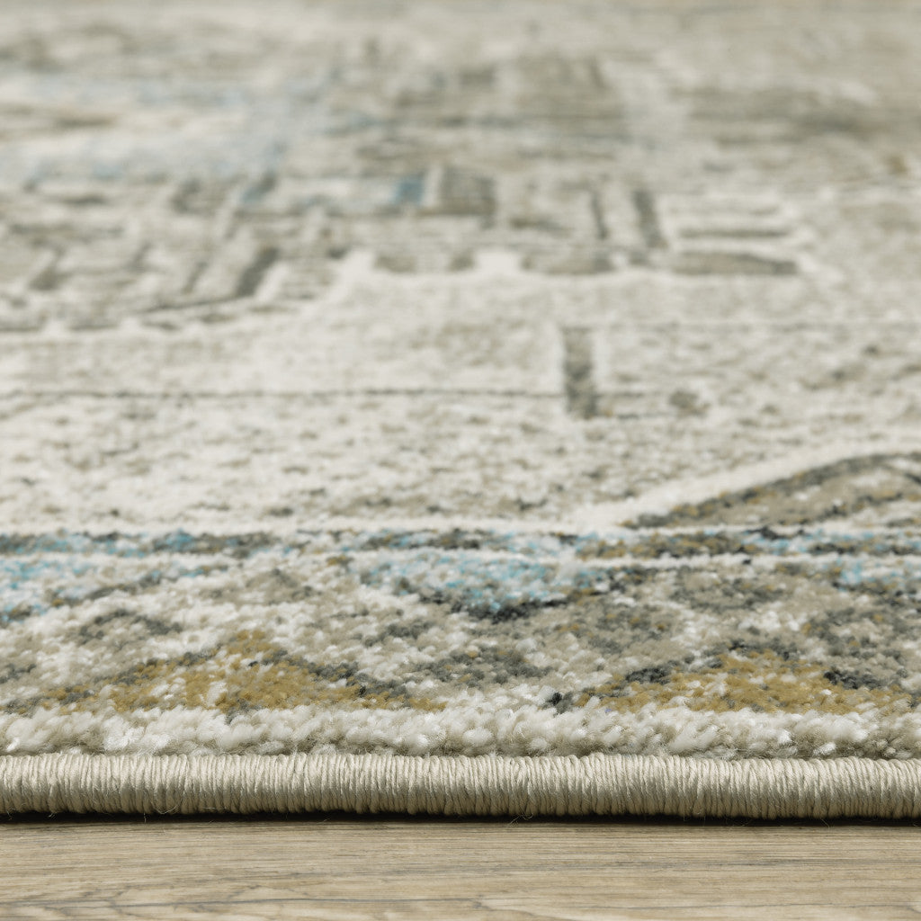 5' X 7' Grey Blue Beige And Gold Oriental Power Loom Stain Resistant Area Rug