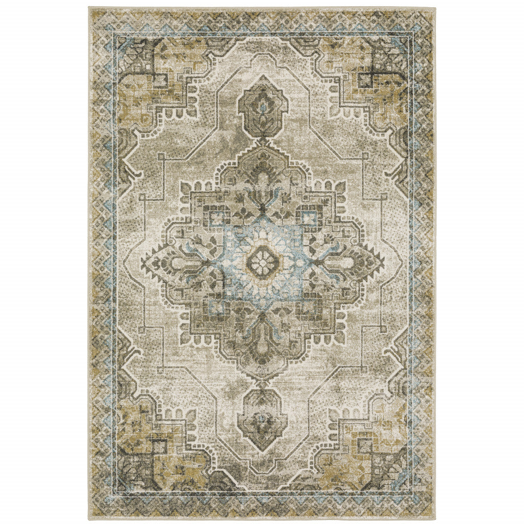 6' X 9' Grey Blue Beige And Gold Oriental Power Loom Stain Resistant Area Rug