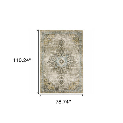 6' X 9' Grey Blue Beige And Gold Oriental Power Loom Stain Resistant Area Rug