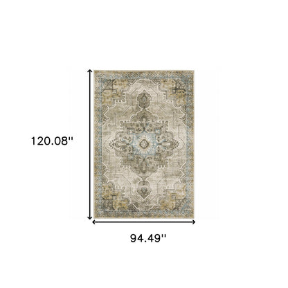 8' X 10' Grey Blue Beige And Gold Oriental Power Loom Stain Resistant Area Rug