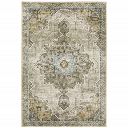 10' X 13' Grey Blue Beige And Gold Oriental Power Loom Stain Resistant Area Rug