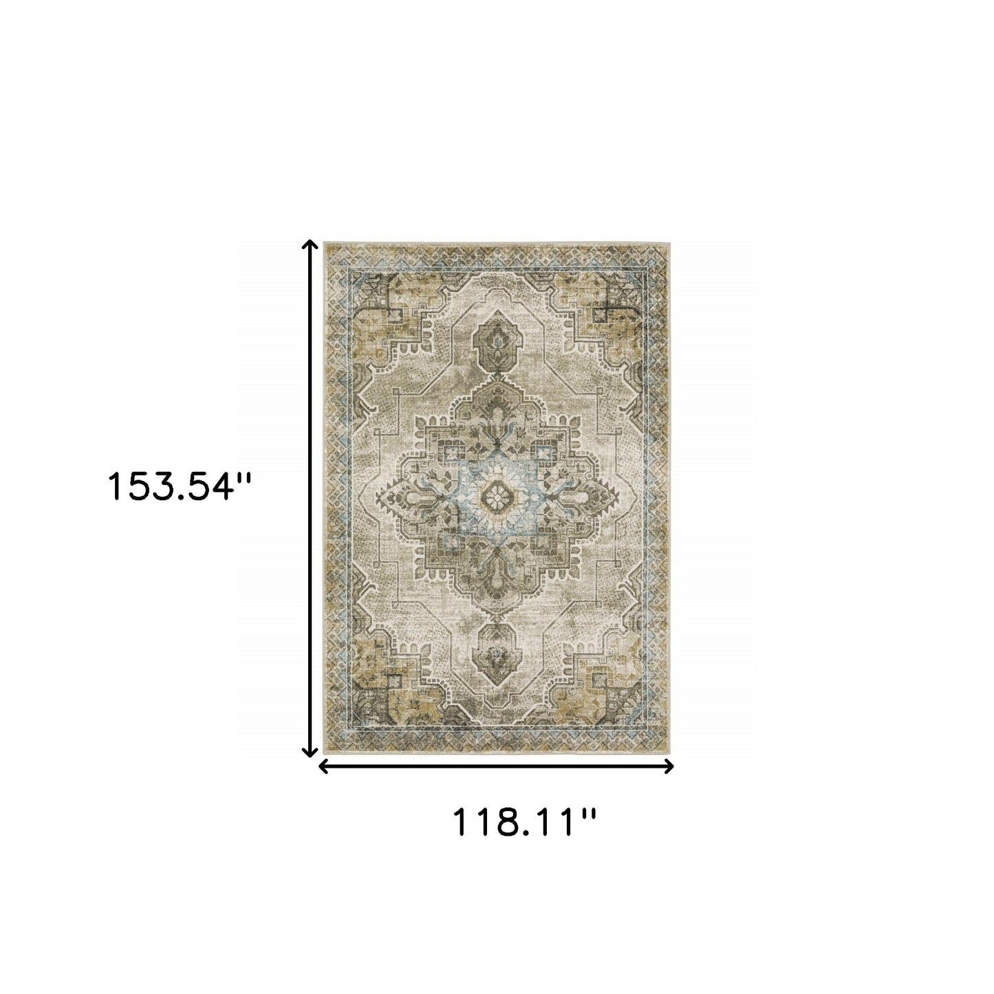 10' X 13' Grey Blue Beige And Gold Oriental Power Loom Stain Resistant Area Rug