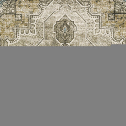 10' X 13' Grey Blue Beige And Gold Oriental Power Loom Stain Resistant Area Rug