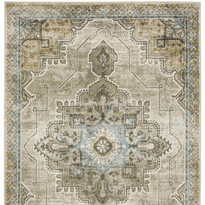 10' X 13' Grey Blue Beige And Gold Oriental Power Loom Stain Resistant Area Rug