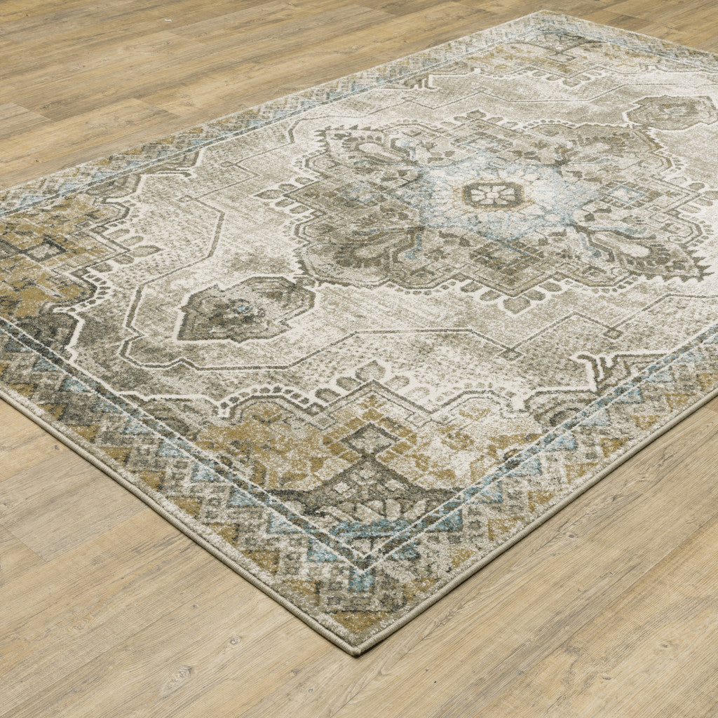 10' X 13' Grey Blue Beige And Gold Oriental Power Loom Stain Resistant Area Rug