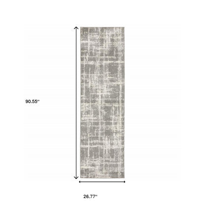 2' X 8' Grey And Ivory Abstract Shag Power Loom Stain Resistant Runner Rug