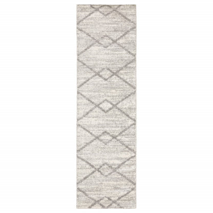 2' X 8' Ivory And Grey Geometric Shag Power Loom Stain Resistant Runner Rug