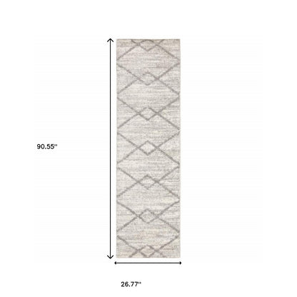 2' X 8' Ivory And Grey Geometric Shag Power Loom Stain Resistant Runner Rug