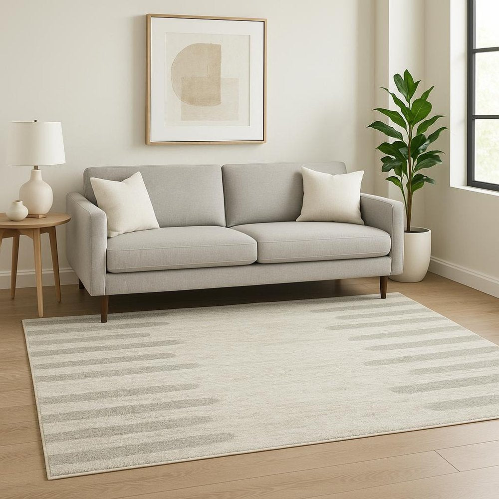 5' X 8' Ivory And Grey Geometric Shag Power Loom Stain Resistant Area Rug
