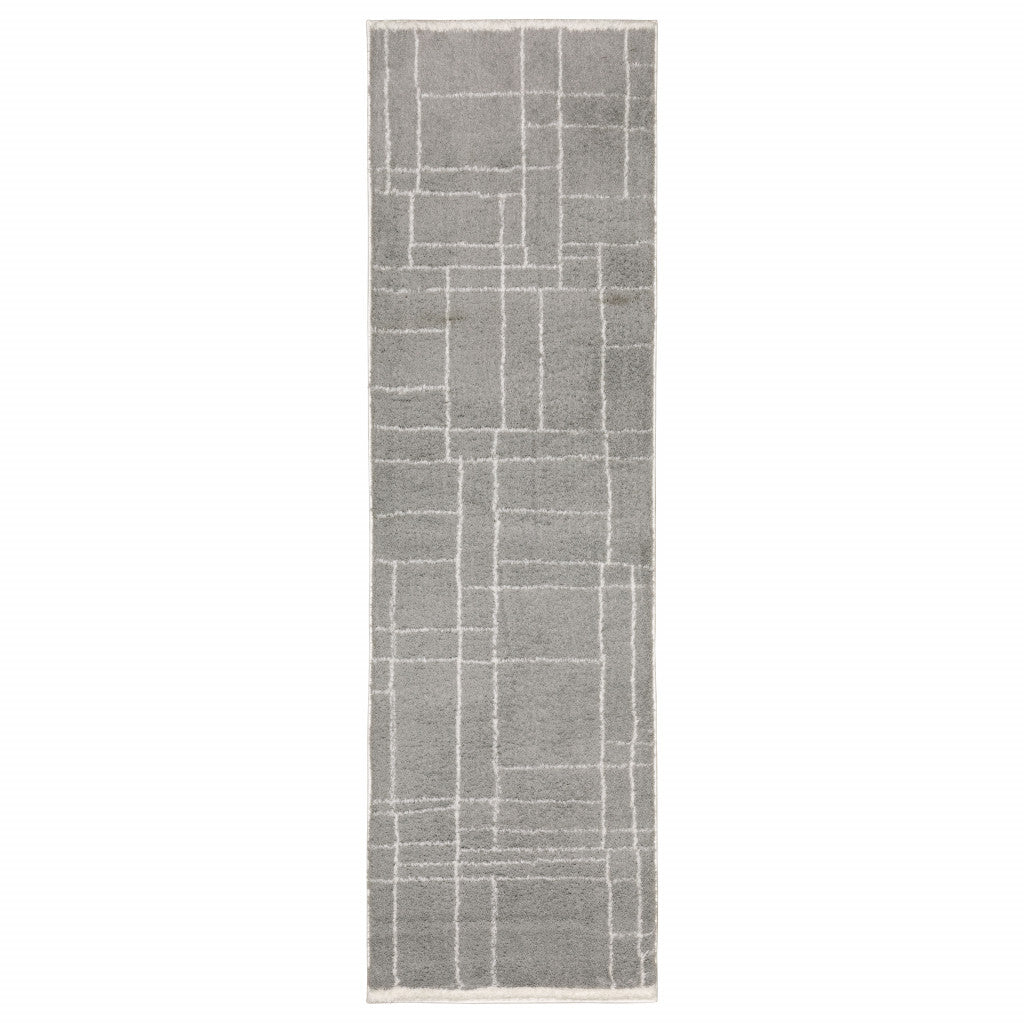 2' X 8' Grey And Ivory Geometric Shag Power Loom Stain Resistant Runner Rug