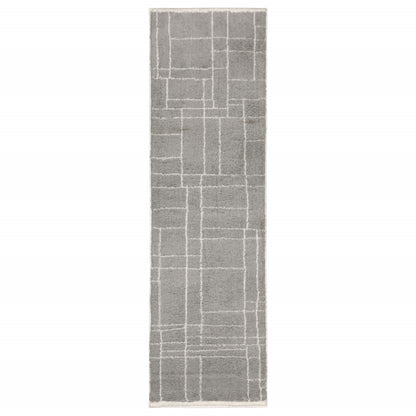 2' X 8' Grey And Ivory Geometric Shag Power Loom Stain Resistant Runner Rug