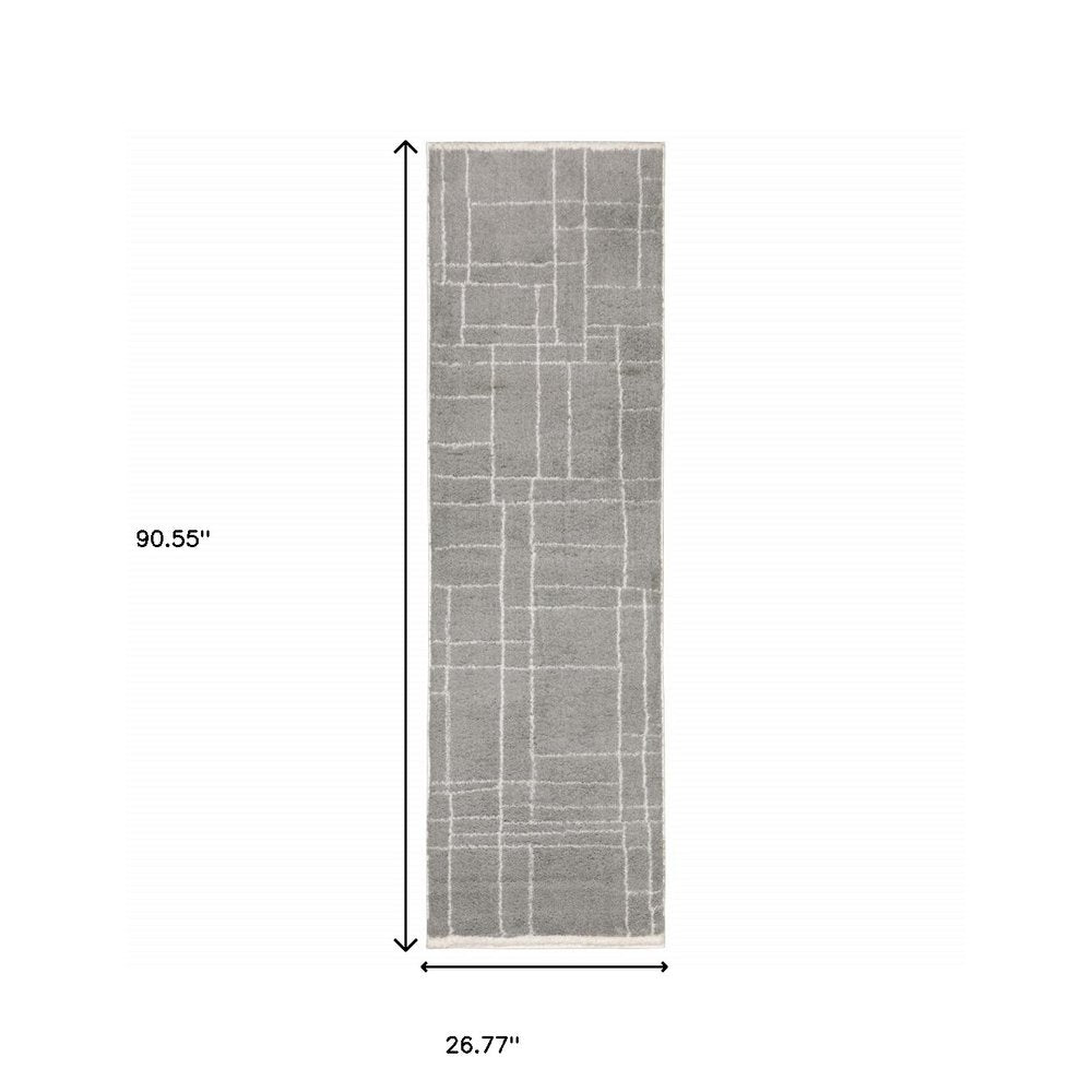 2' X 8' Grey And Ivory Geometric Shag Power Loom Stain Resistant Runner Rug