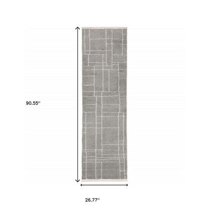2' X 8' Grey And Ivory Geometric Shag Power Loom Stain Resistant Runner Rug