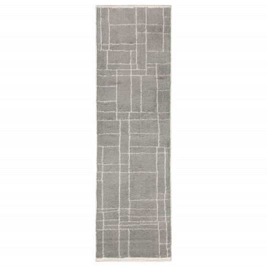 2' X 8' Grey And Ivory Geometric Shag Power Loom Stain Resistant Runner Rug