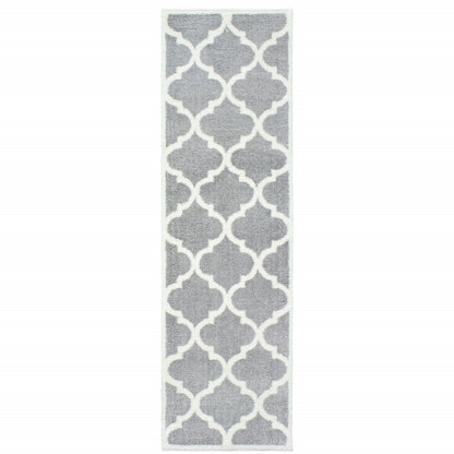 2' X 8' Grey And Ivory Geometric Shag Power Loom Stain Resistant Runner Rug