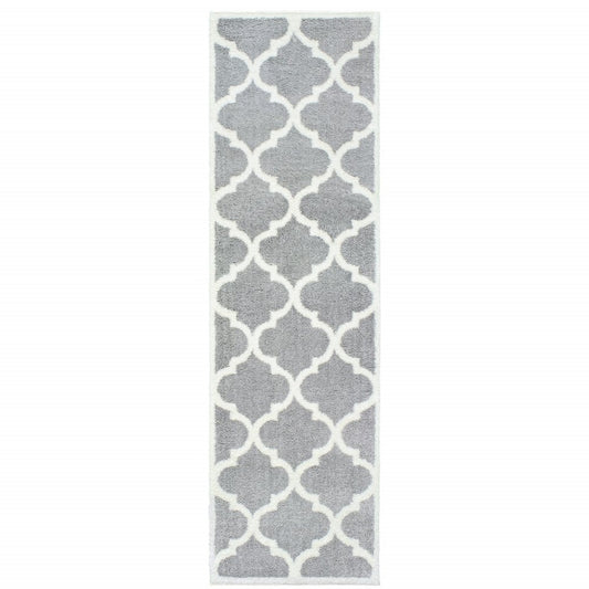 2' X 8' Grey And Ivory Geometric Shag Power Loom Stain Resistant Runner Rug
