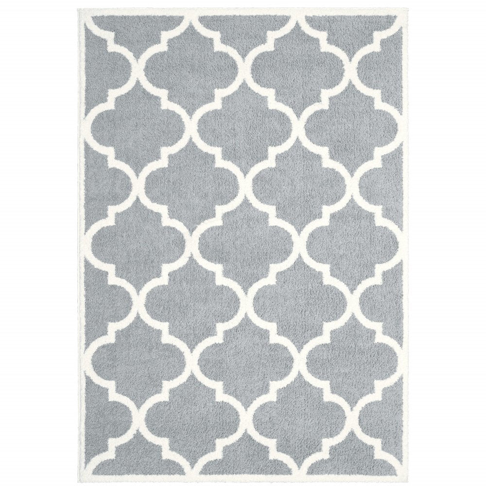 7' X 10' Gray And Ivory Geometric Shag Area Rug