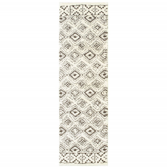 2' X 8' Ivory And Brown Geometric Shag Power Loom Stain Resistant Runner Rug