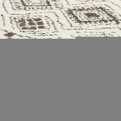 2' X 8' Ivory And Brown Geometric Shag Power Loom Stain Resistant Runner Rug