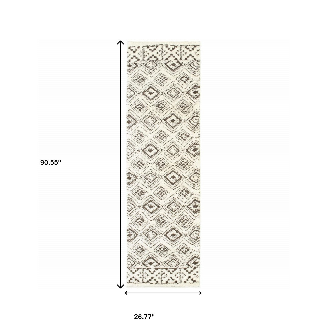 2' X 8' Ivory And Brown Geometric Shag Power Loom Stain Resistant Runner Rug