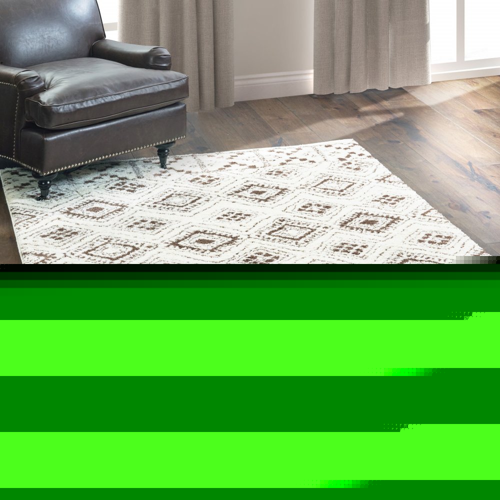 2' X 3' Ivory And Brown Geometric Shag Power Loom Stain Resistant Area Rug