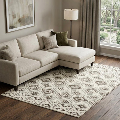 8' X 11' Ivory And Brown Geometric Shag Area Rug