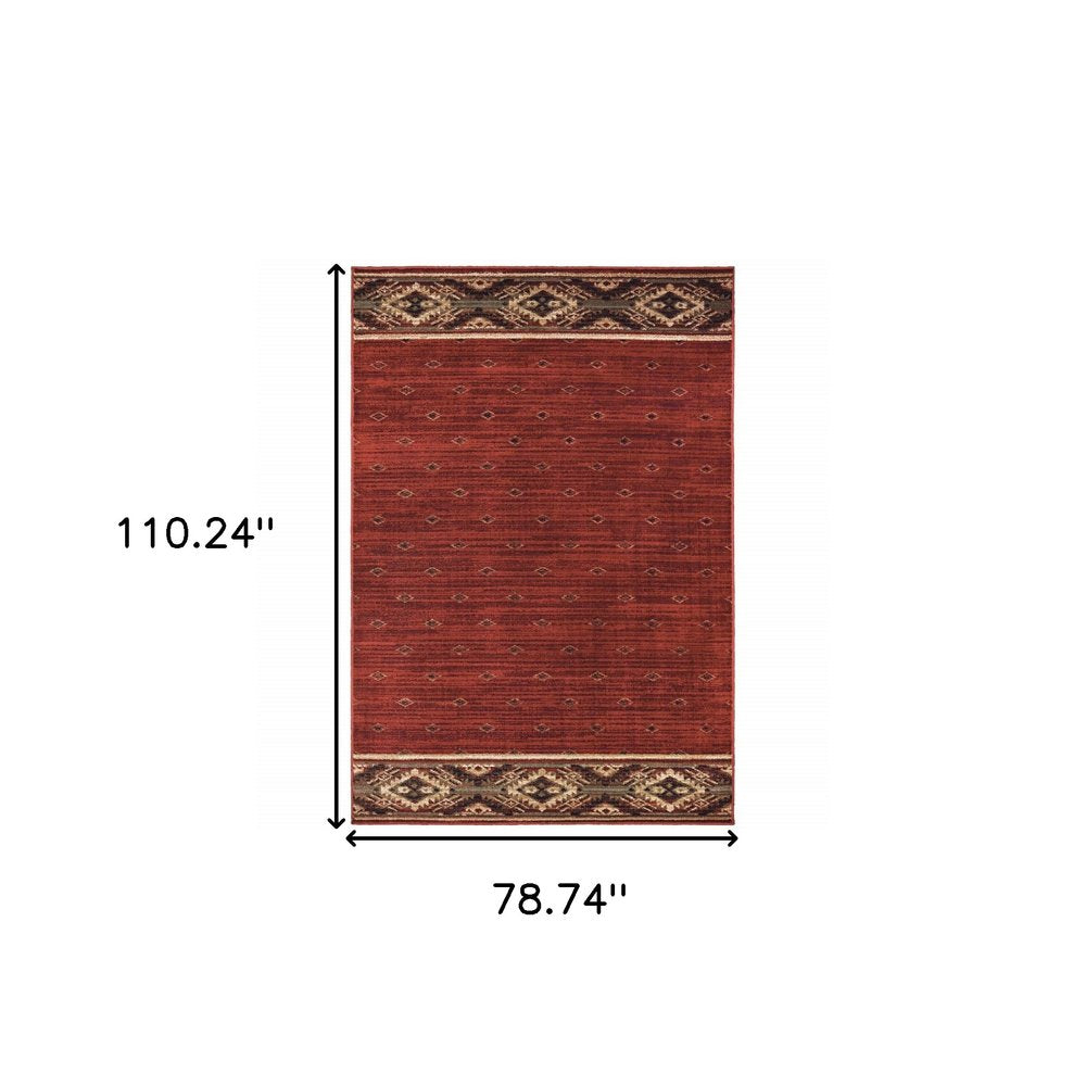 7' X 9' Red And Ivory Southwestern Area Rug