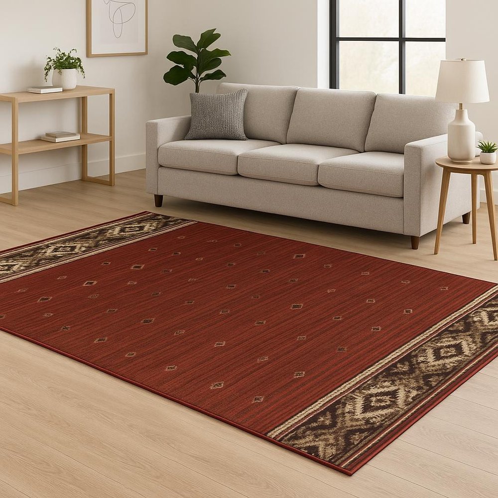 7' X 9' Red And Ivory Southwestern Area Rug