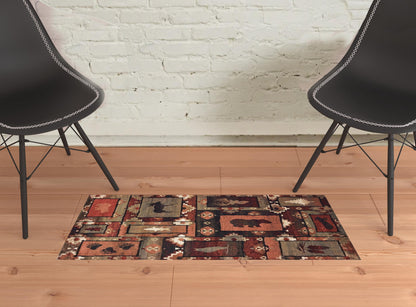 2' X 3' Brown Rust Berry Sage Green Gold And Ivory Southwestern Power Loom Stain Resistant Area Rug