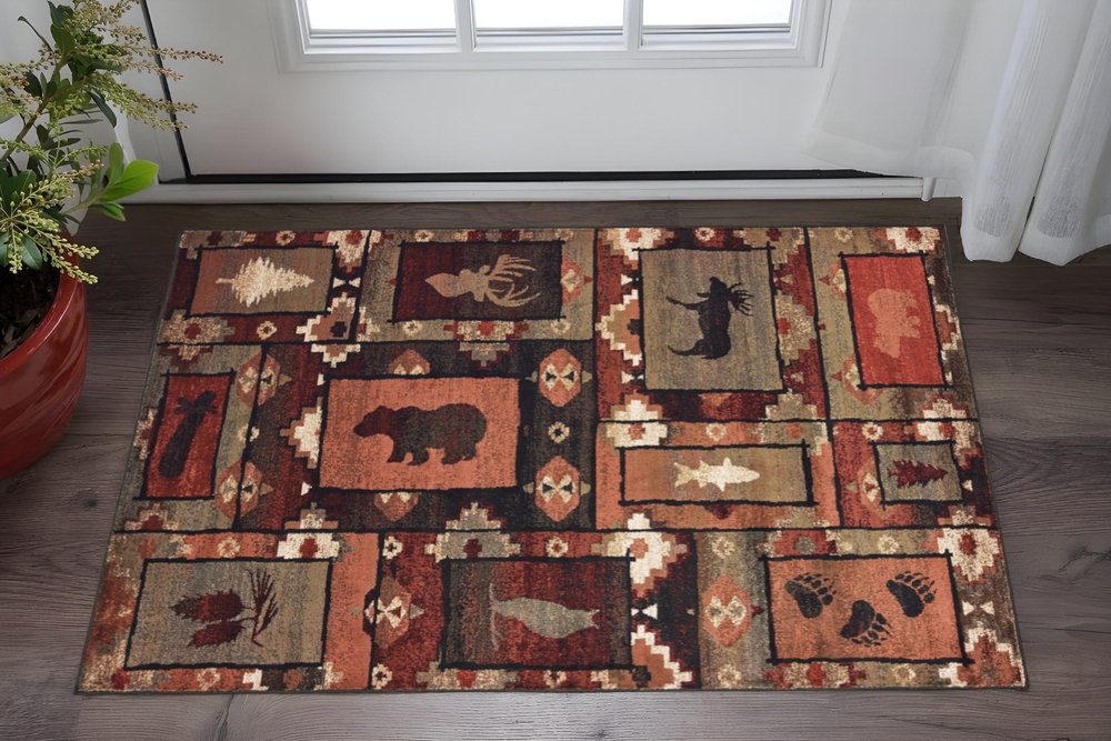 2' X 3' Brown Rust Berry Sage Green Gold And Ivory Southwestern Power Loom Stain Resistant Area Rug