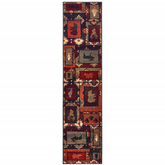 2' X 8' Brown Rust Berry Sage Green Gold And Ivory Southwestern Power Loom Stain Resistant Runner Rug