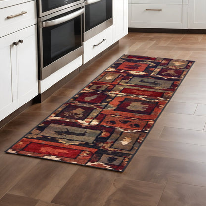 2' X 8' Brown Rust Berry Sage Green Gold And Ivory Southwestern Power Loom Stain Resistant Runner Rug