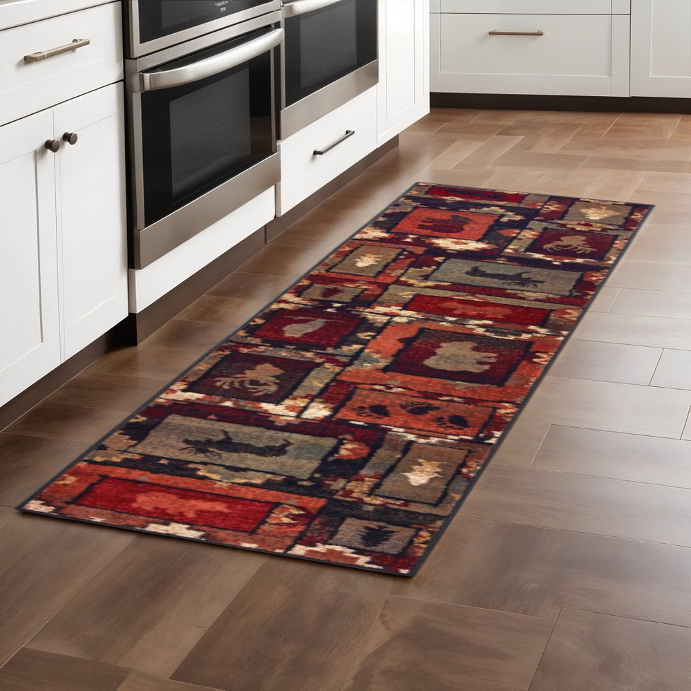 2' X 8' Brown Rust Berry Sage Green Gold And Ivory Southwestern Power Loom Stain Resistant Runner Rug