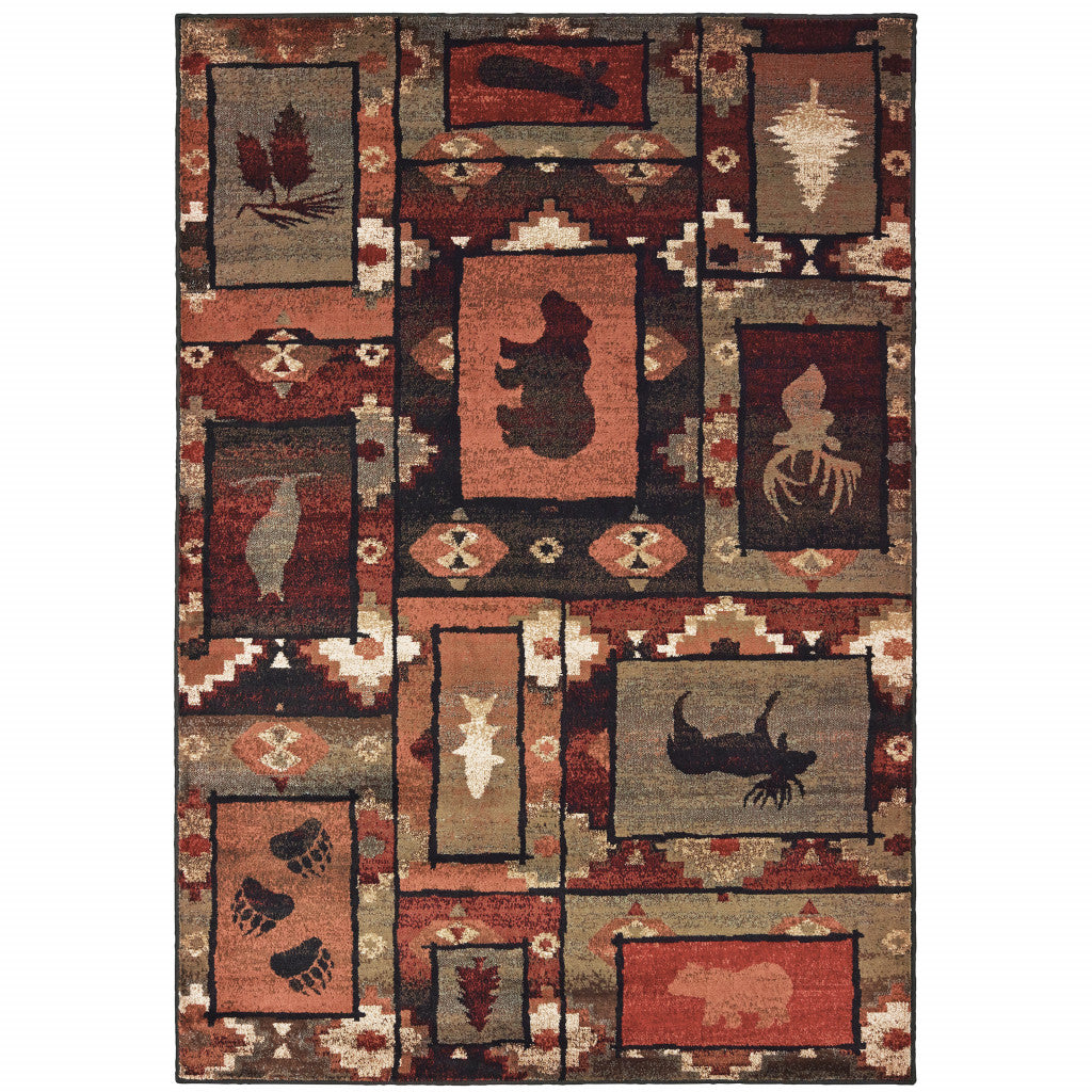 5' X 7' Brown Rust Berry Sage Green Gold And Ivory Southwestern Power Loom Stain Resistant Area Rug