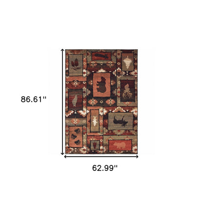 5' X 7' Brown Rust Berry Sage Green Gold And Ivory Southwestern Power Loom Stain Resistant Area Rug