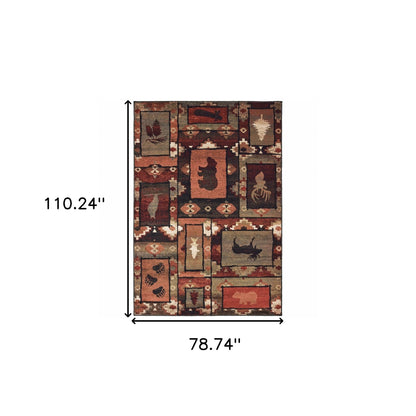 6' X 9' Brown Rust Berry Sage Green Gold And Ivory Southwestern Power Loom Stain Resistant Area Rug